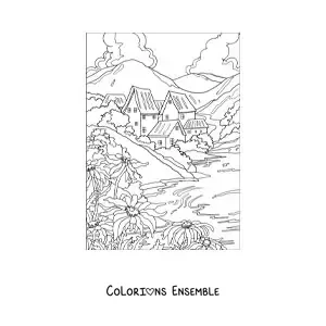 Image à colorier d'un paysage avec une maison à la campagne