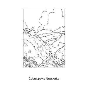 Image à colorier d'un paysage avec une maison à la campagne