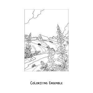Image à colorier d'un paysage avec une maison à la campagne