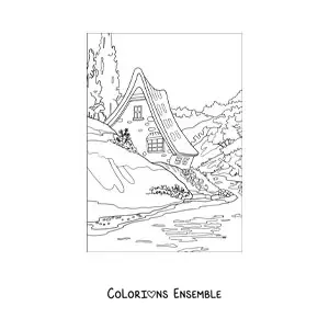 Image à colorier d'un paysage avec une maison à la campagne