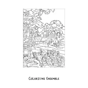 Image à colorier d'un paysage avec une maison à la campagne