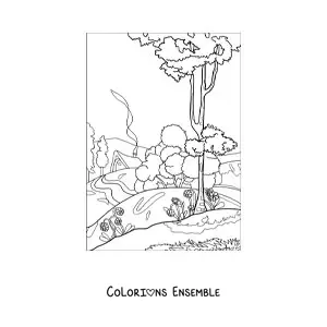 Image à colorier d'un paysage avec une maison à la campagne