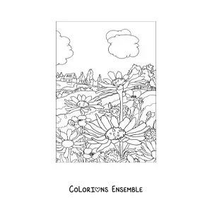 Image à colorier d'un paysage avec une maison à la campagne