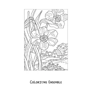 Image à colorier d'un paysage avec une maison à la campagne