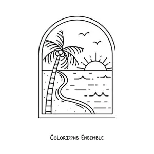 Image à colorier d'un paysage de plage avec un palmier et le soleil