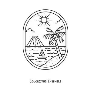Image à colorier d'un paysage de plage avec un palmier et un volcan au fond