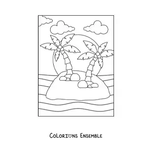 Image à colorier d'une île avec deux palmiers