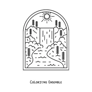 Image à colorier d'un paysage naturel avec une cascade, une rivière et des pins