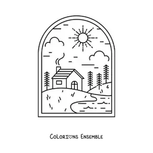 Image à colorier d'une maison à la campagne avec une rivière