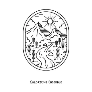 Image à colorier d'un paysage naturel avec une rivière et des montagnes