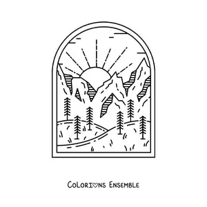 Image à colorier d'un paysage de forêt avec des montagnes, de jour