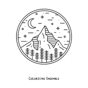 Image à colorier d'un paysage de forêt avec des montagnes, de nuit