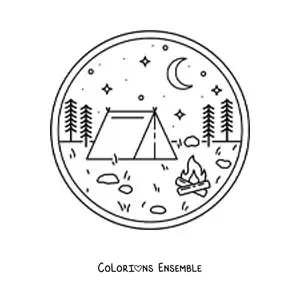 Image à colorier d'une tente de camping et d'un feu de camp dans la forêt