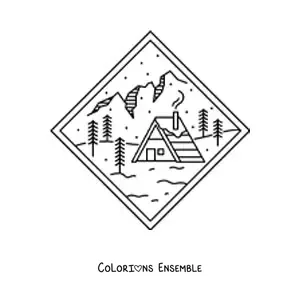 Image à colorier d'un paysage de montagne avec un chalet