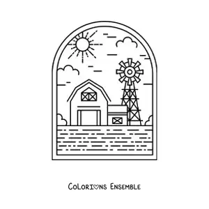 Image à colorier d'un paysage rural avec une grange et un moulin
