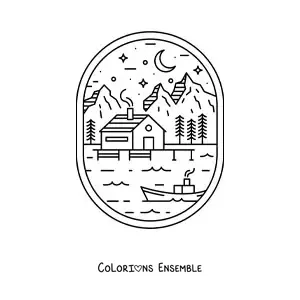 Image à colorier d'un paysage de forêt avec un lac, une maison et une barque, de nuit
