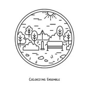 Image à colorier d'un banc dans un parc avec des arbres et un lampadaire