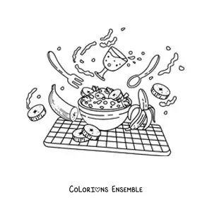 Image à colorier d’un petit-déjeuner de céréales au lait avec des bananes