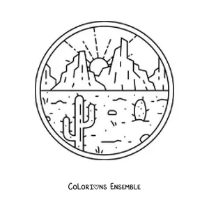 Image à colorier d'un paysage de désert avec deux cactus et des montagnes au fond