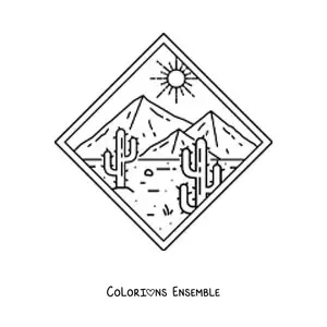 Image à colorier d'un paysage de désert avec deux cactus et des pyramides au fond