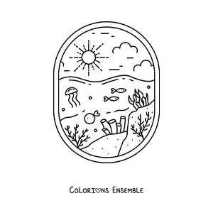 Image à colorier d'un paysage des fonds marins avec des poissons, une méduse et des coraux
