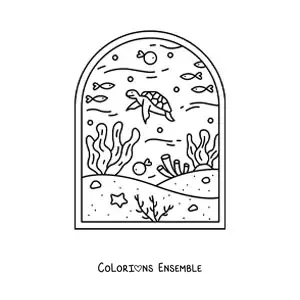 Image à colorier d'un paysage des fonds marins avec des poissons, une tortue et des coraux