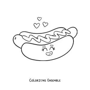 Image à colorier d'un hot-dog kawaii tout mignon avec des cœurs