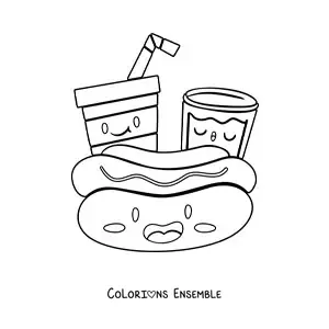 Image à colorier d'un hot-dog kawaii tout mignon avec des boissons rigolotes