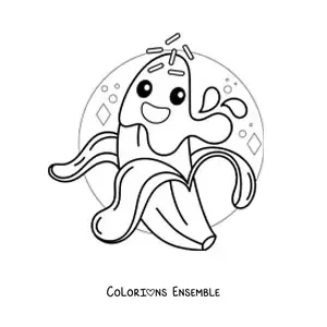 Image à colorier d’une banane rigolote souriante enrobée de chocolat