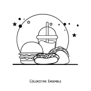Image à colorier d'un hot-dog avec de la malbouffe