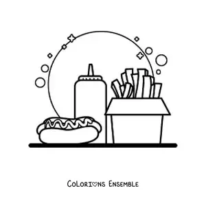 Image à colorier d'un hot-dog avec de la sauce et des frites