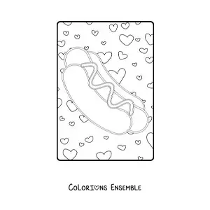 Image à colorier d'un hot-dog avec des cœurs en arrière-plan