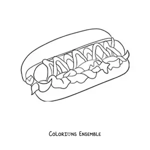 Image à colorier d'un hot-dog avec de la salade et des sauces