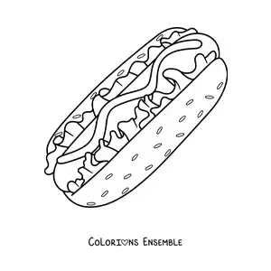 Image à colorier d'un grand hot-dog avec de la salade et de la sauce