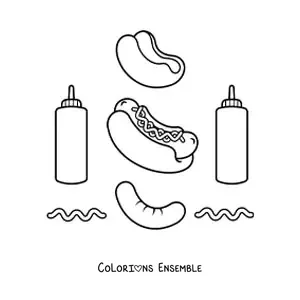 Image à colorier d'un hot-dog entouré de ses ingrédients