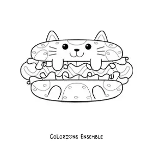 Image à colorier d'un hot-dog en forme de chat, kawaii et tout mignon