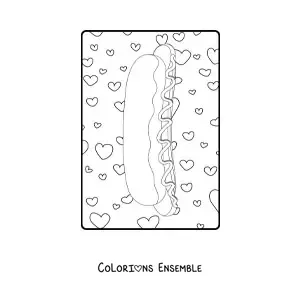 Image à colorier d'un hot-dog de profil avec des cœurs en arrière-plan