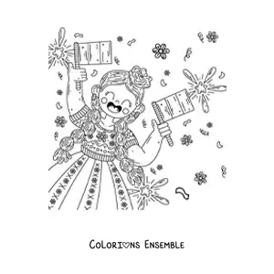 Image à colorier d'une fille tenant deux drapeaux du Mexique sans blason
