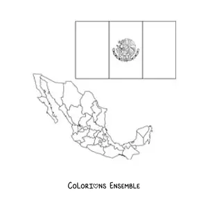 Image à colorier du drapeau du Mexique avec son blason, à côté d'une carte