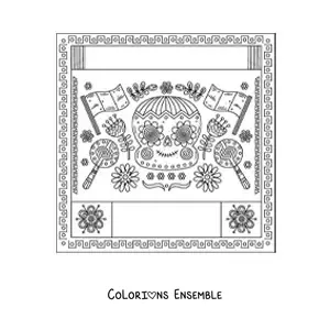 Image à colorier de deux drapeaux du Mexique sans blason à côté d'une tête de mort mexicaine