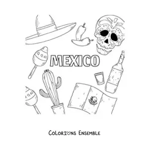 Image à colorier du drapeau du Mexique à côté d'une tête de mort mexicaine, d'un piment, d'une tequila et d'un sombrero