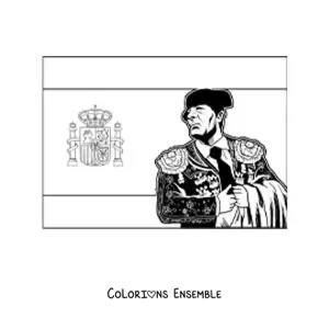 Image à colorier du drapeau de l'Espagne à l'horizontale avec un torero réaliste