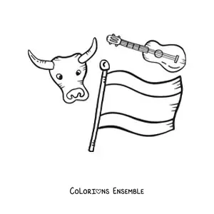 Image à colorier du drapeau de l'Espagne avec un taureau kawaii et une guitare