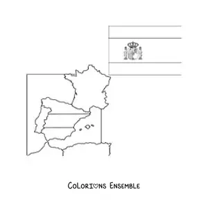 Image à colorier du drapeau de l'Espagne avec ses armoiries, à côté d'une carte