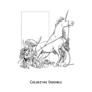 Image à colorier d’une licorne de Donjons et Dragons fuyant plusieurs gobelins