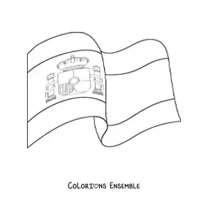 Image à colorier du drapeau de l'Espagne avec ses armoiries, flottant au vent