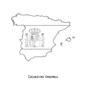 Image à colorier du drapeau de l'Espagne avec ses armoiries, posé sur une carte