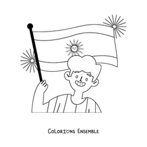 Image à colorier d'un garçon tenant le drapeau de l'Argentine