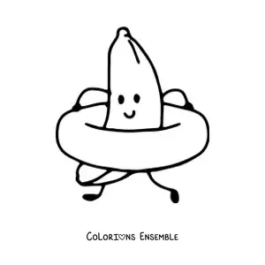 Image à colorier d’une banane rigolote avec une bouée à la plage