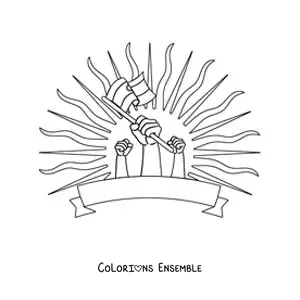 Image à colorier de mains tenant le drapeau de l'Argentine avec le soleil en arrière-plan
